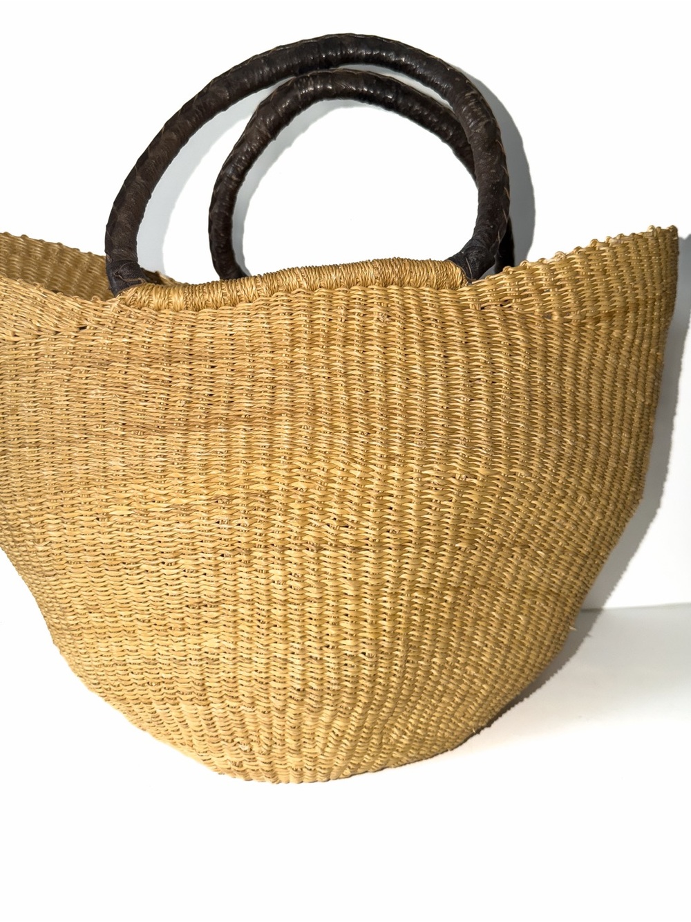 Woven Large Straw Tote Bag with Dark Brown Leather Bound Handles - Picture 3 of 9